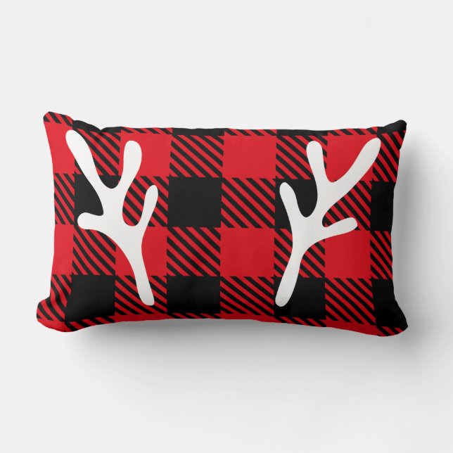 Trendy rustic buffalo plaid reindeer red Christmas Lumbar Cushion (Front)