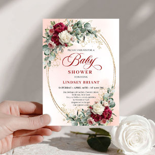 Trendy Rustic Burgundy Gold Baby Shower Invitation