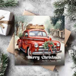 Trendy rustic Christmas scene watercolor greeting Holiday Card