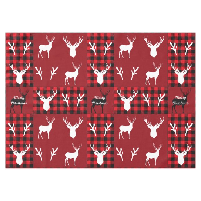 Trendy rustic plaid and white reindeers red black  tablecloth (Front (Horizontal))