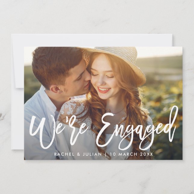 Trendy rustic script engagement party invitation (Front)