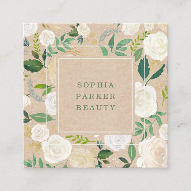 Trendy Rustic White Floral on Kraft | Social Media Square Business Card (Front)