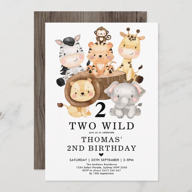 Trendy Safari Jungle TWO WILD 2nd Birthday Party Invitation (Front/Back)