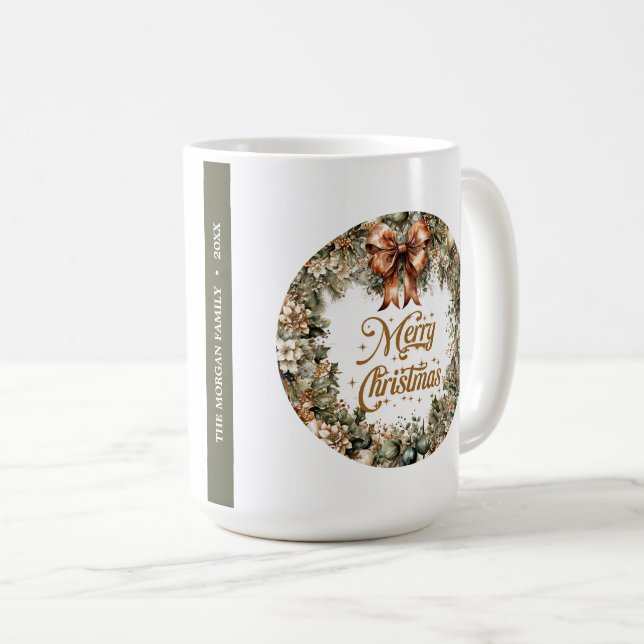 Trendy sage green and faux gold white poinsettia coffee mug (Front Right)