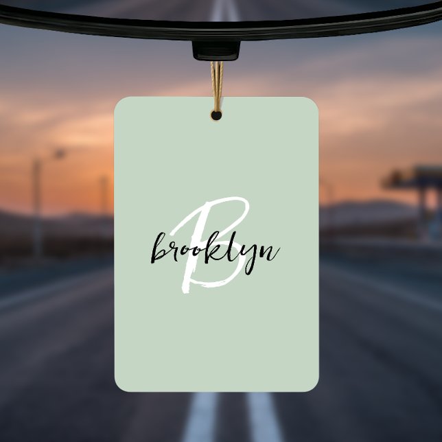 Trendy Sage Green Black White Script Monogram  Car Air Freshener (Creator Uploaded)