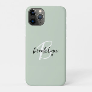Trendy Sage Green Black White Script Monogram  iPhone 11 Pro Case