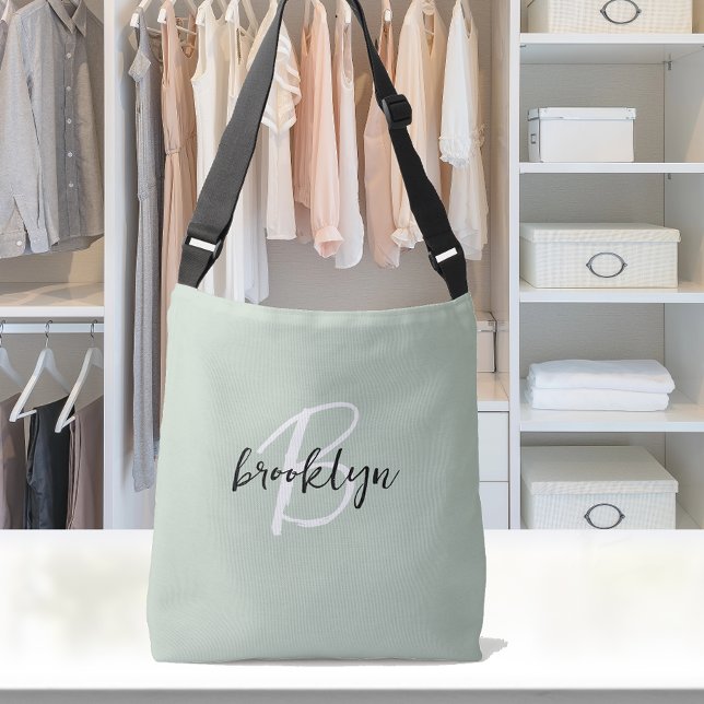 Trendy Sage Green Black White Script Monogram  Crossbody Bag (Creator Uploaded)