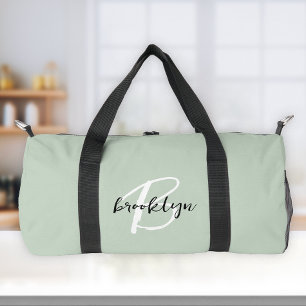 Trendy Sage Green Black White Script Monogram Duffle Bag