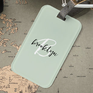 Trendy Sage Green Black White Script Monogram  Luggage Tag