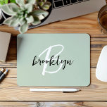 Trendy Sage Green Black White Script Monogram  Mouse Mat<br><div class="desc">This elegant personalised mouse pad features a monogram and first name in modern black and white script on a trendy sage green background.</div>