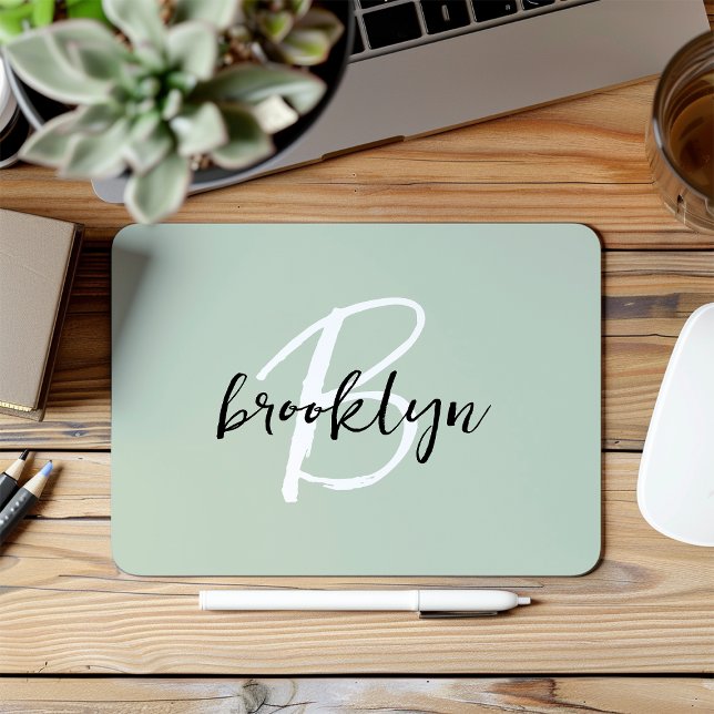 Trendy Sage Green Black White Script Monogram  Mouse Mat (Creator Uploaded)