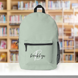 Trendy Sage Green Black White Script Monogram  Printed Backpack