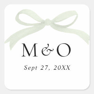Trendy Sage Green Bow Watercolor Monogram Wedding Square Sticker