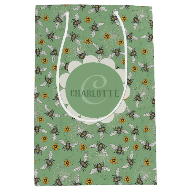 Trendy Sage Green Buzzing Honeybee for Summer Medium Gift Bag (Front)