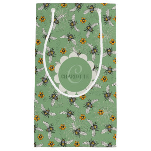 Trendy Sage Green Buzzing Honeybee for Summer Small Gift Bag