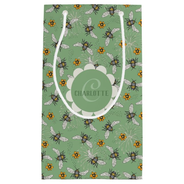 Trendy Sage Green Buzzing Honeybee for Summer Small Gift Bag (Front)