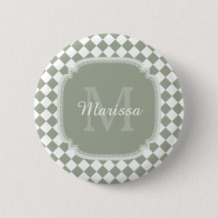 Trendy Sage Green Checked Monogrammed Name 6 Cm Round Badge