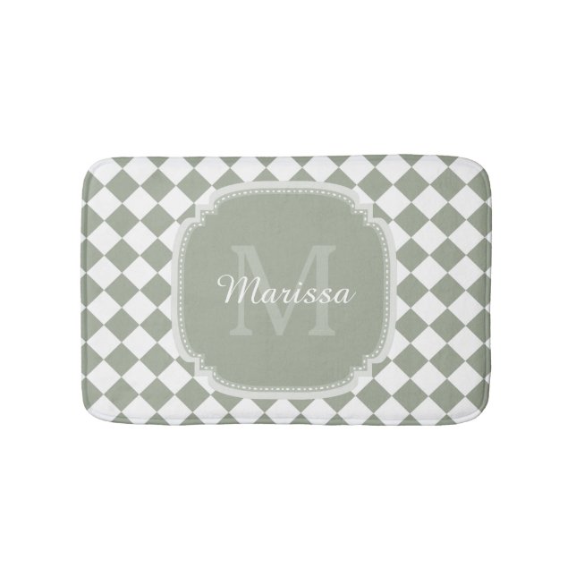 Trendy Sage Green Checked Monogrammed Name Bath Mat (Front)