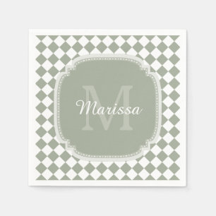 Trendy Sage Green Checked Monogrammed Name Napkin