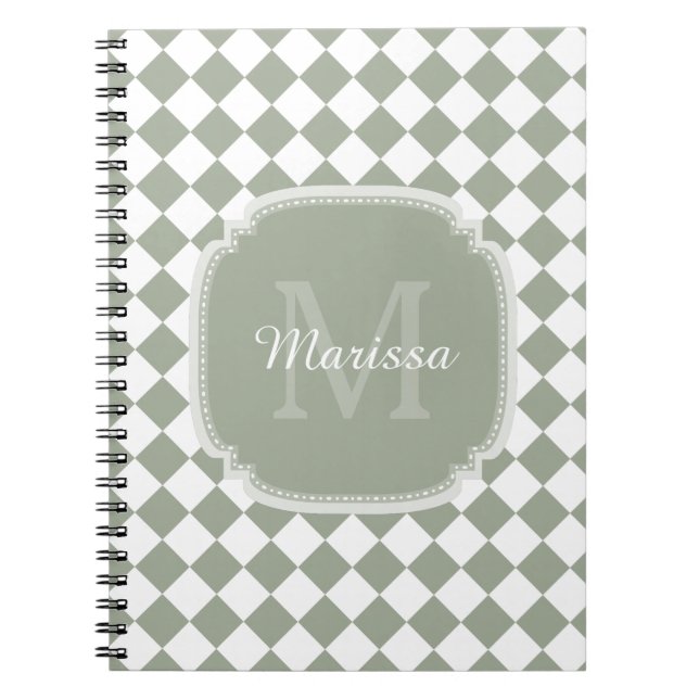 Trendy Sage Green Checked Monogrammed Name Notebook (Front)