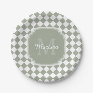 Trendy Sage Green Checked Monogrammed Name Paper Plate