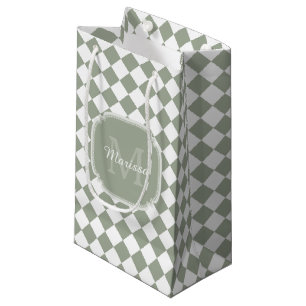 Trendy Sage Green Checked Monogrammed Name Small Gift Bag