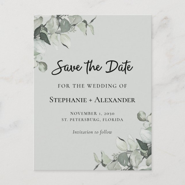 Trendy Sage Green Eucalyptus Wedding Save the Date Announcement Postcard (Front)