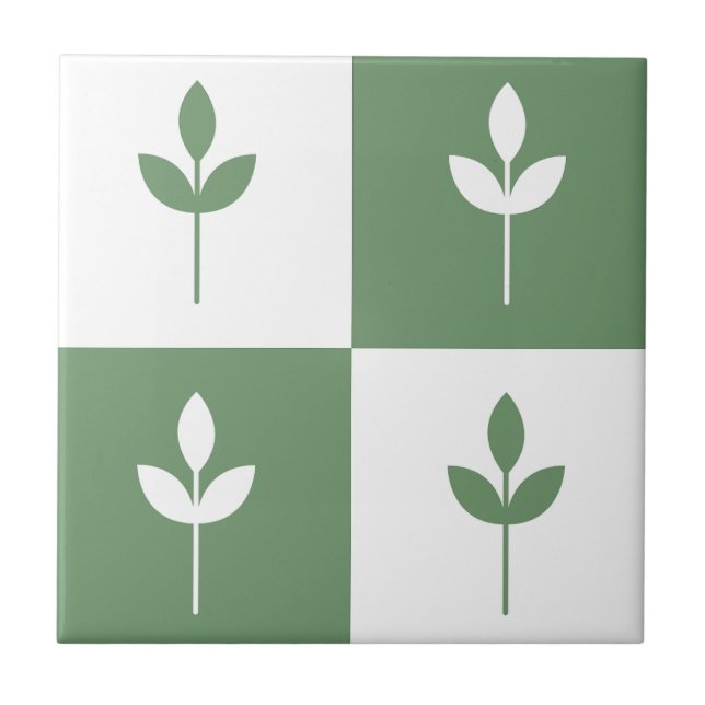 Trendy sage green leaf and white simple modern tile (Front)