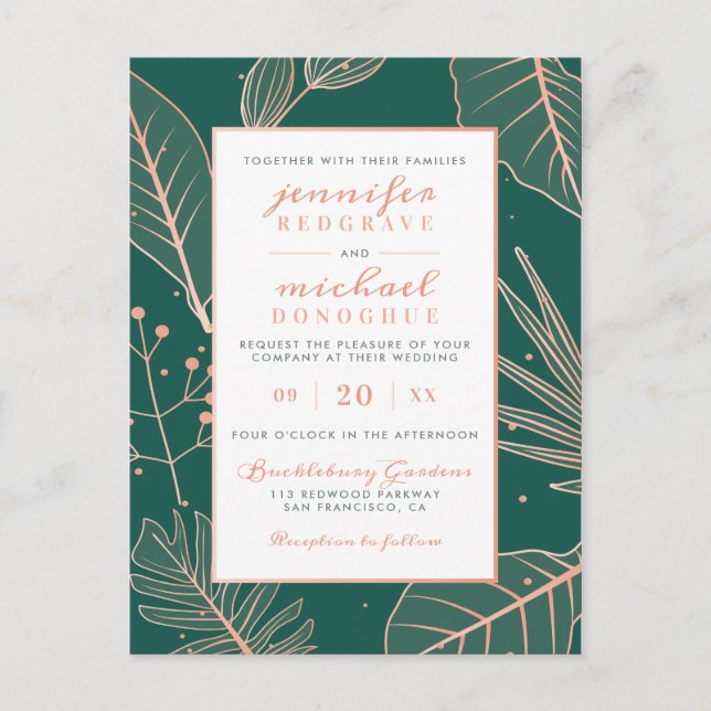 Trendy Sage Green Modern Branches Stylish Wedding Invitation Postcard (Front)
