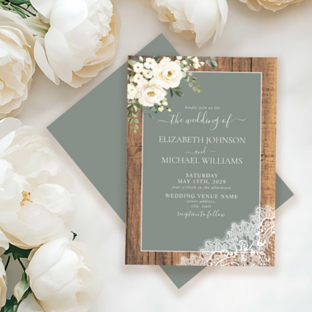 Trendy Sage Green Rustic Wood Script Lace Wedding Invitation (Creator Uploaded)