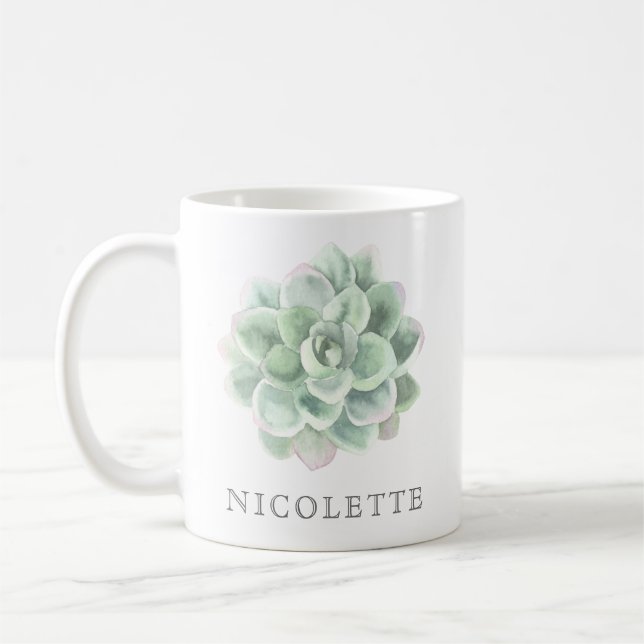 Trendy Sage Green Watercolor Succulent Coffee Mug (Left)