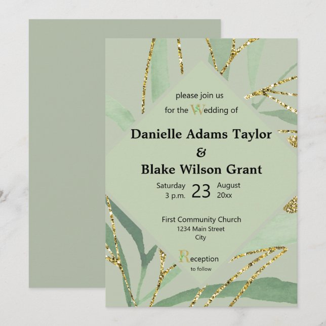 Trendy Sage Hues & Gold Glitter Wedding Invitation (Front/Back)