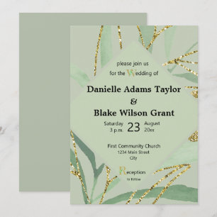 Trendy Sage Hues & Gold Glitter Wedding Invitation