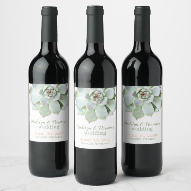 Trendy Sage Succulent Wedding Wine Label (Bottles)