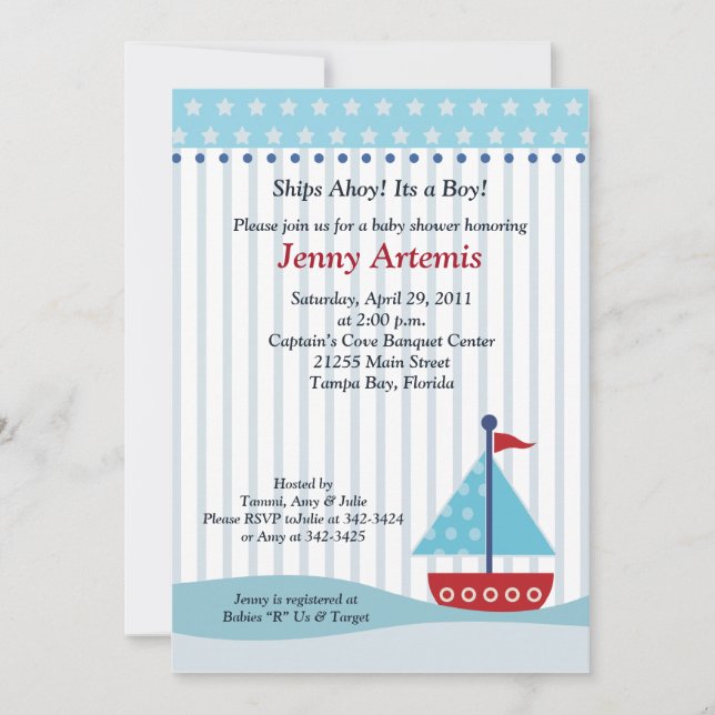 Trendy Sailboat 5x7 Baby Shower Invitation (Front)
