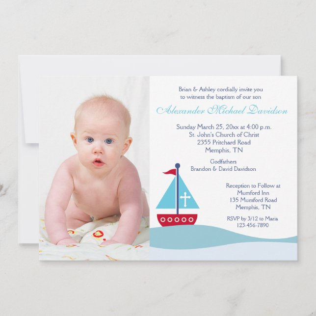 Trendy Sailboat Baptism Photo Invitation 2 (Front)