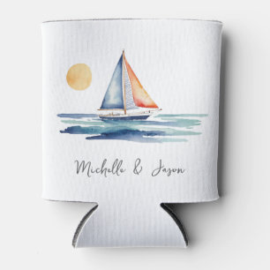 Trendy Sailboat Nautical Watercolor Personalised Can Cooler