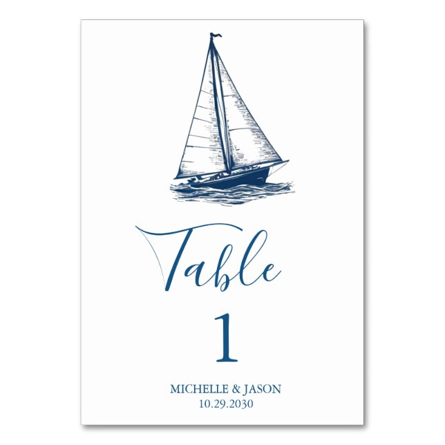 Trendy Sailboat Nautical Watercolor Wedding  Table Number (Front)