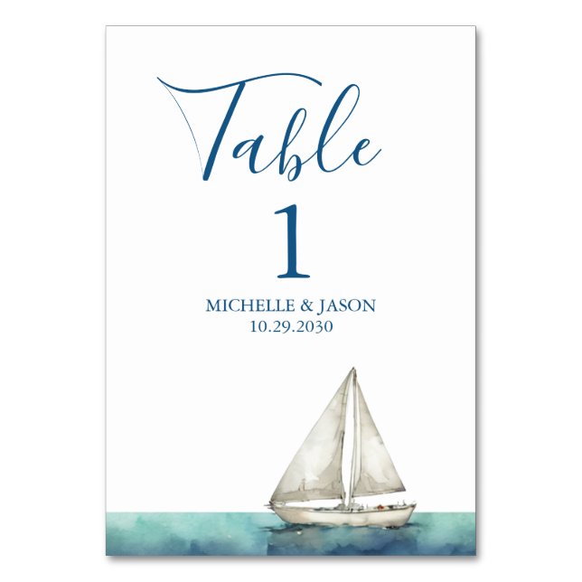 Trendy Sailboat Nautical Watercolor Wedding  Table Number (Front)