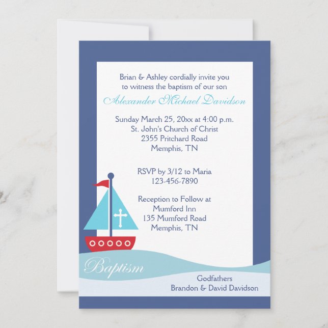 Trendy Sailboat (Navy) Baptism Invitation (Front)