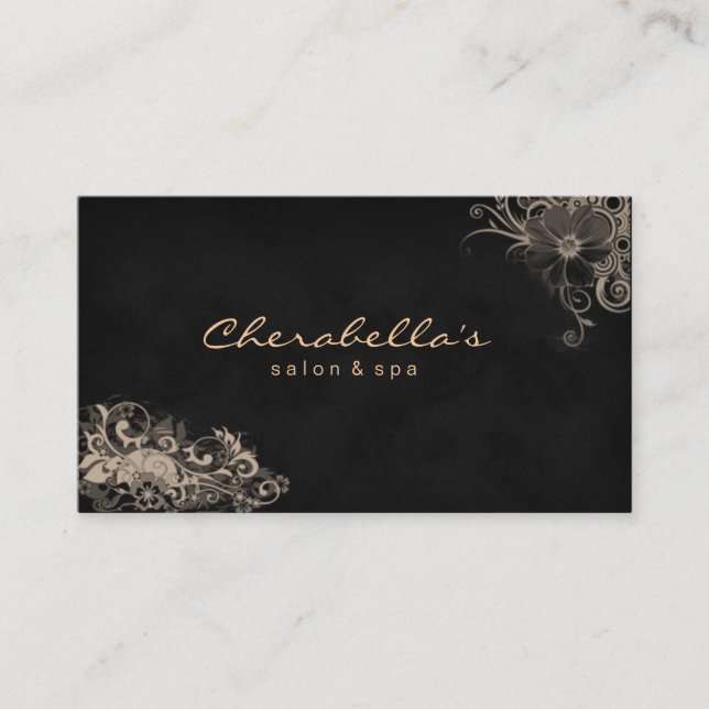 Trendy Salon Spa Floral Business Card Black Beige (Front)