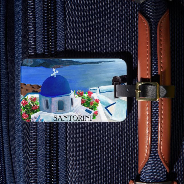 Trendy Santorini Greece Illustration Luggage Tag (Front Insitu 4)