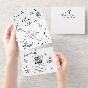 Trendy Scribble Doodle QR Code Wedding Invitation