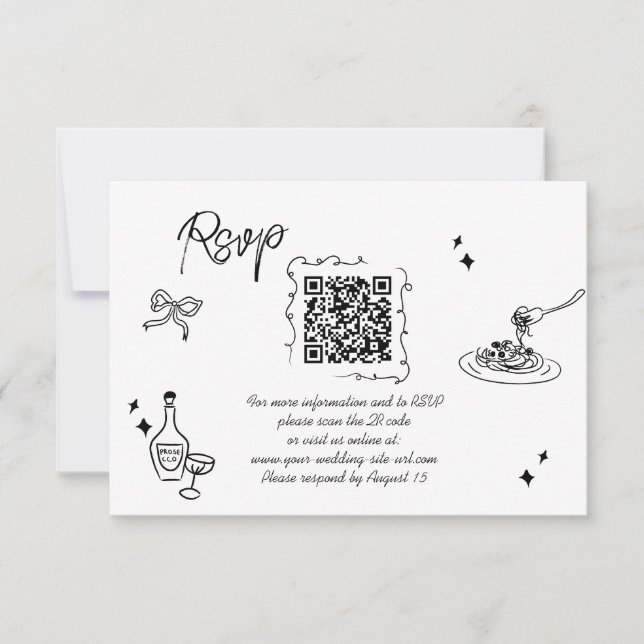 Trendy Scribble Doodle Script Wedding QR Code RSVP Card (Front)