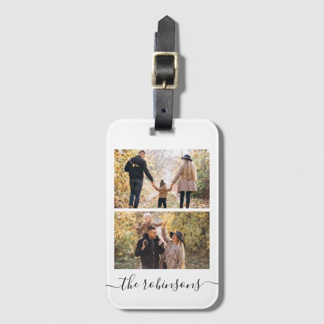 Trendy Script 2 Photo Collage Luggage Tag (Front Vertical)