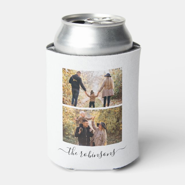 Trendy Script 2 Photo Collage Personalised Can Cooler (Can Front)