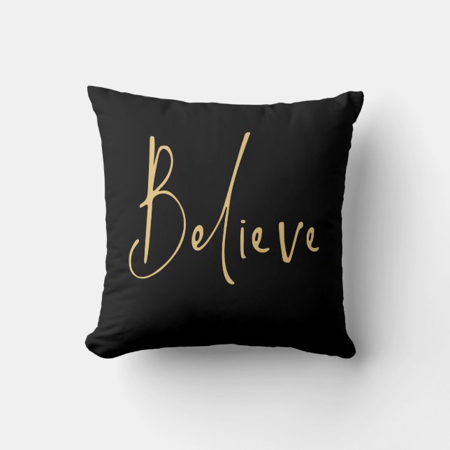 Trendy Script Believe Christmas Gold Black Cushion (Front)