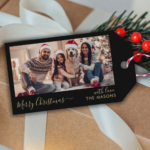 Trendy Script Black Gold Family Photo Christmas  Gift Tags
