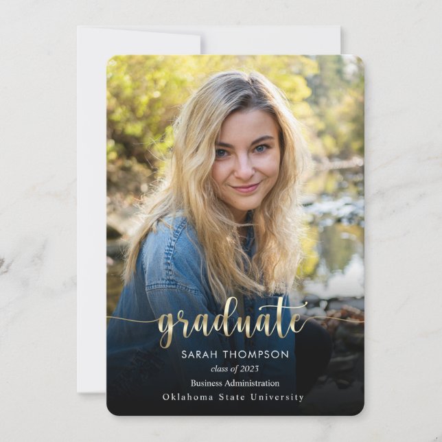 Trendy Script Black Gold Photo Collage Graduation Announcement (Front)