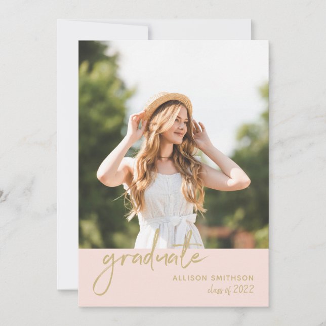 Trendy Script Blush Pink and Gold Graduation Party Invitation (Front)
